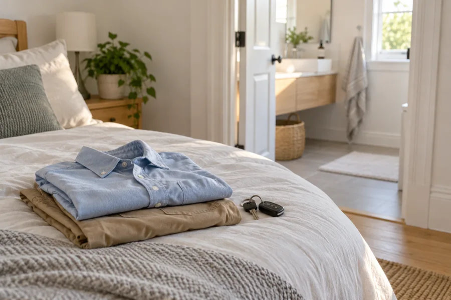 A shirt, trousers, and car keys ready for the morning beside a bathroom